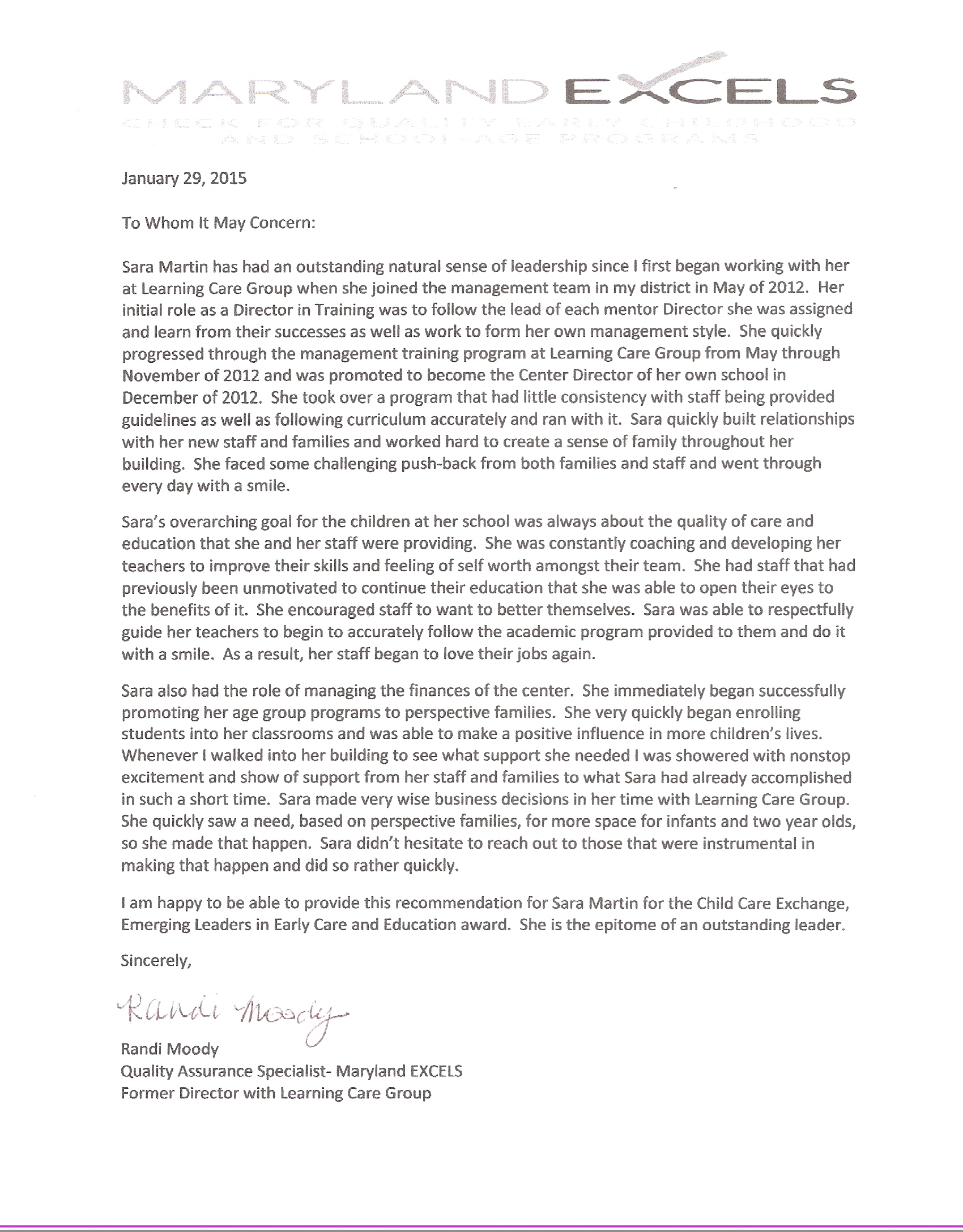 exceptional emerging leaders 2015 childcareexchange com letter of recommendation for child care director